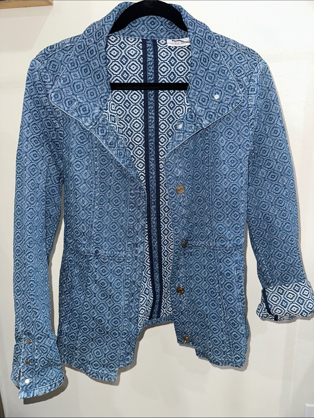 Chico's Sample Blue Geometric-Print Jean Jacket